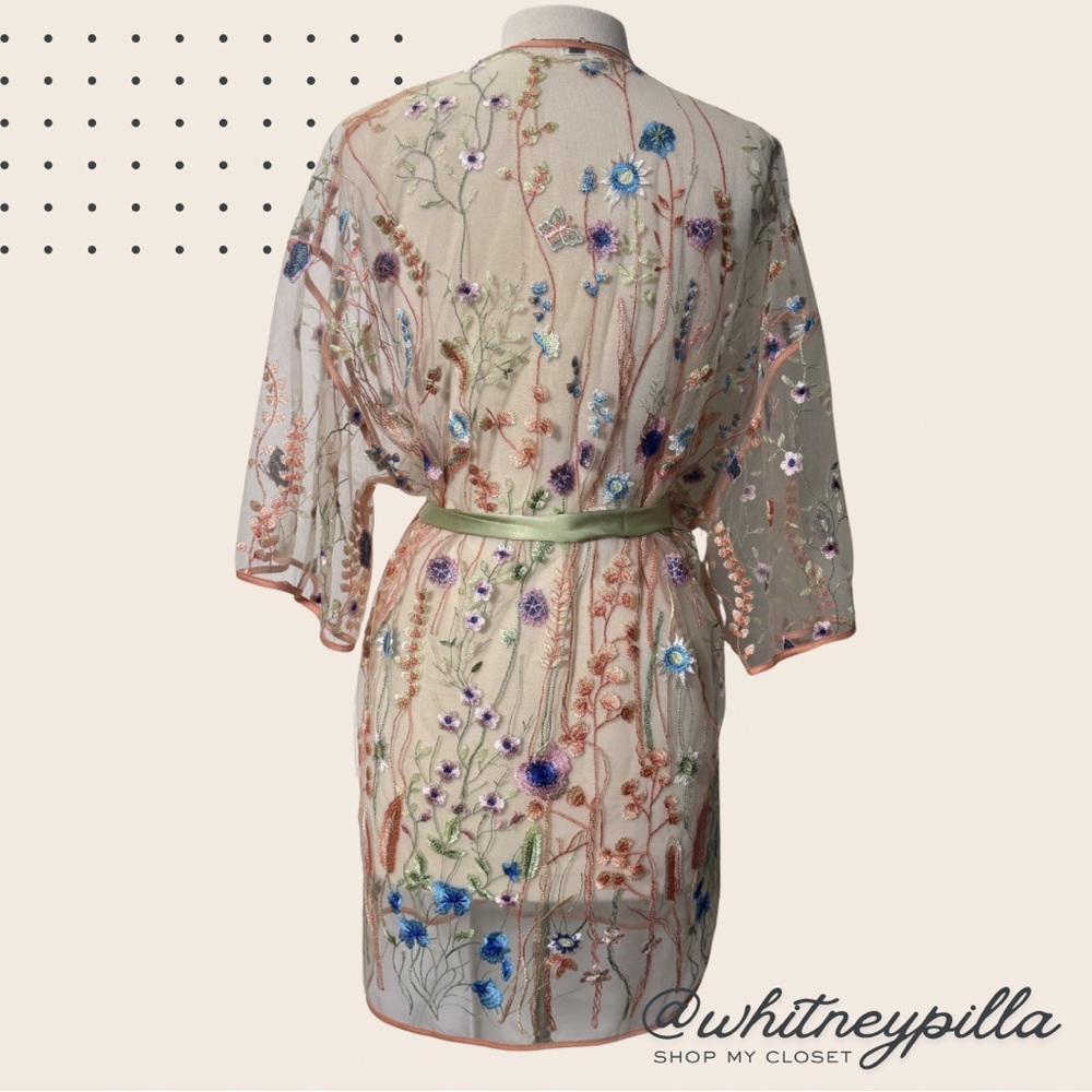 Rya Collection Valencia Pink, Blue, Green Floral Embroidered Mesh Cover Up M/L - Picture 13 of 13